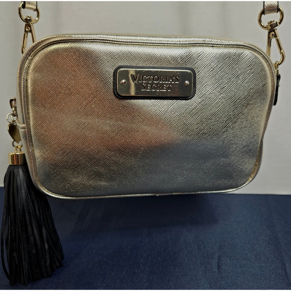 Victoria's Secret Crossbody Bag Faux Leather Metallic Silver w -Black Tassle